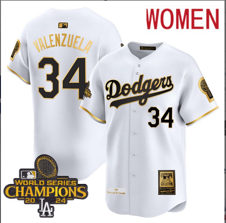 Women MLB Los Angeles Dodgers #34 Valenzuela white 2024 World Series Champions Patch Cooperstown Jersey style 3->women mlb jersey->Women Jersey